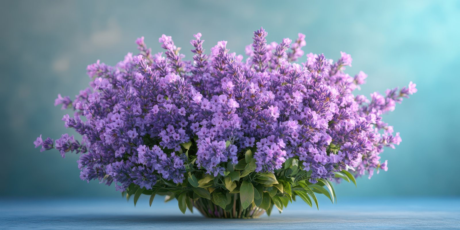 Vibrant lavender flowers arranged beautifully in a decorative bouquet on a serene background